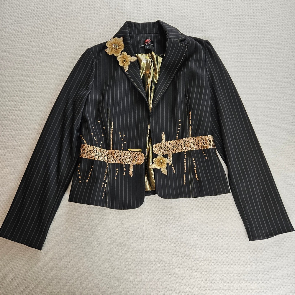 True Meaning Black Pinstripe Blazer Gold Sequin Floral Applique Women 8